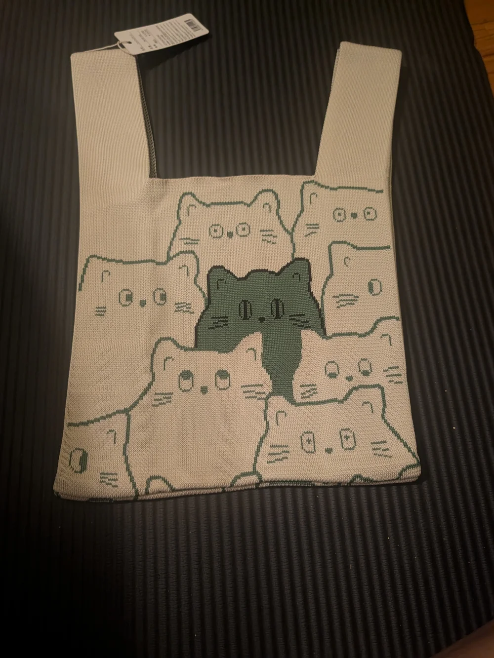 Cute Beige Tote with Green Cat Motif - Casual Knit Shoulder Bag Or Dog Bag